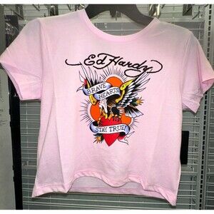 Ed Hardy Womens T-Shirt L NEW Pink Brave Eagle Baby Heart Stay True Crop Top Tee
